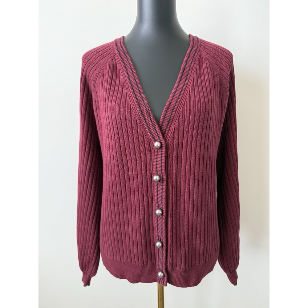 Talbots Women's L Burgundy Ball Button Front Ribbed Cardigan Sweater EUC